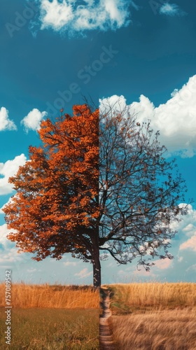 Environmental Neglect: Tree with Vibrant and Dead Leaves Symbolizing Climate Change Impact on Nature