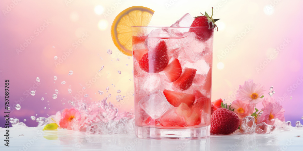 A glass of refreshing strawberry lemonade or berry cocktail on a bright purple background. A glass of refreshing strawberry lemonade or berry cocktail on a bright purple background.