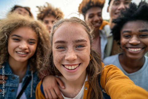 a group of young people standing next to each other smiling at the camera with their arms around each other
