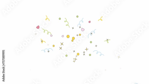 Confetti explosion line 2D animation. Surprise birthday party flat color cartoon 4K video, alpha channel. Event celebrate. Serpentine greeting. Sparkles hearts burst animated item on white background photo