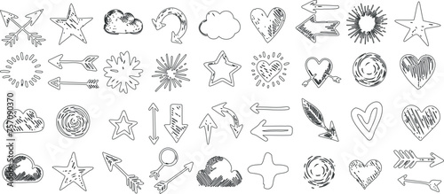 Hand drawn icon  vector doodle icon set featuring diverse stars  hearts  arrows  suns  clouds  glass. Ideal for enhancing web design  print  and advertisements