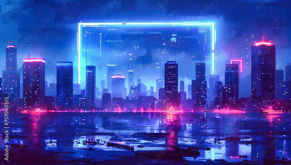 Futuristic cityscape at night, neon lights illuminating modern skyscrapers in a vibrant urban landscape Futuristic cityscape at night, neon lights illuminating modern skyscrapers in a vibrant urban landscape