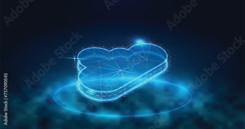Large vector cloud image set against a deep blue backdrop. The clouds are covered in mist and float atop blue neon lights.