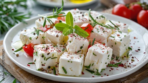 Feta cheese cubes on a plate with spices and tomato garnish