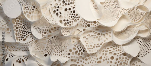 A macro photograph showcasing a white lace fabric with intricate patterns and holes, a beautiful fashion accessory made of natural material perfect for artistic embellishment