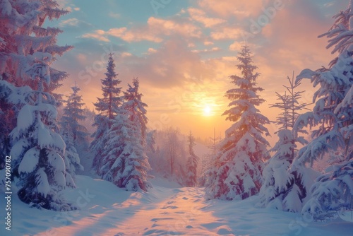 Beautiful winter landscape with fir trees in a snowy forest in the evening at sunset. © Straxer