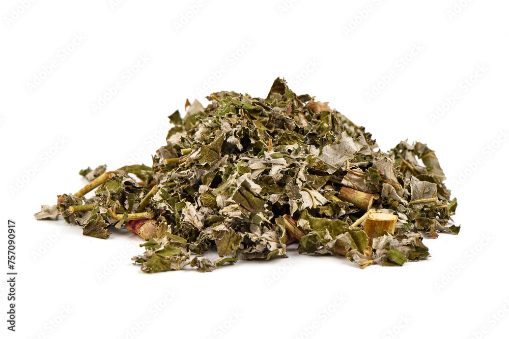 Bunch of aromatic Tea leaves, isolated on white background.