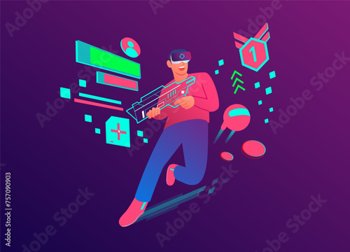 Man enjoying vr gaming experience, Virtual Reality Shooting game, Modern technology for leisure activity