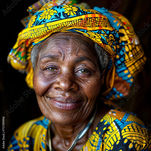 A captivating portrait of a cheerful and smiling Ivorian woman, photographed by a professional documenting remote villages in the Ivory Coast region, generative ai