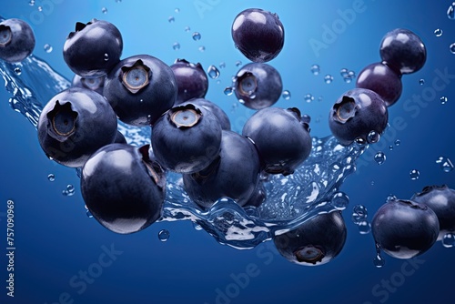 Blueberries falling in splash of water. Closeup macro shot. Ai Generative