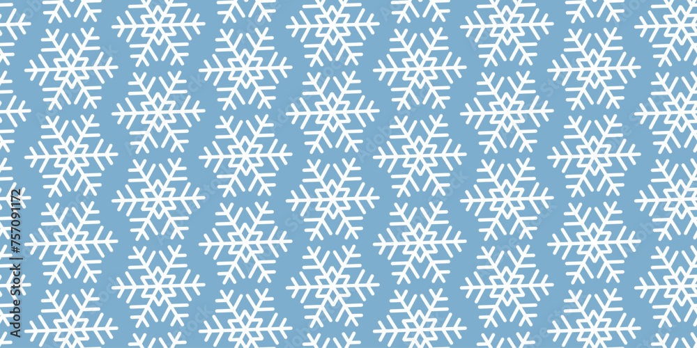 Winter seamless pattern with white snowflakes on blue background. Vector illustration for fabric, textile wallpaper, posters, gift wrapping paper. Christmas vector illustration. Falling snow