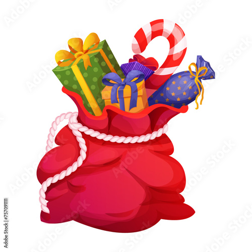 Santa Claus red bag, sack full with gifts presents, sweets christmas boxes, magic time decorated with rope isolated on white background.