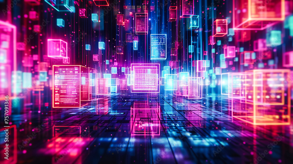 Futuristic abstract concept, showcasing digital technology and cyberspace connectivity in a vibrant, dynamic design