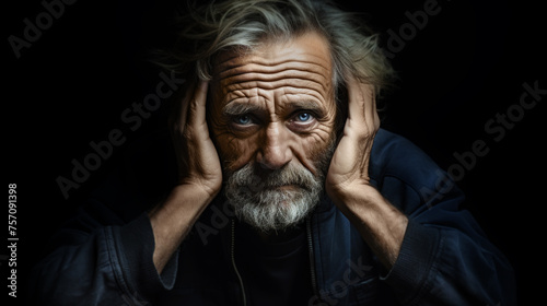 Thoughtful old man holding his head in his hands. Generative AI.