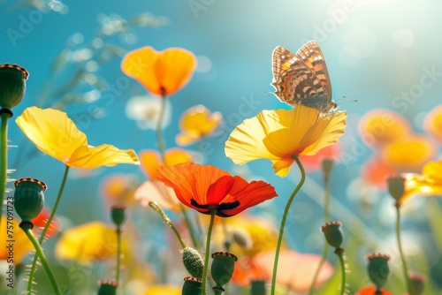 Bright colorful yellow and red flowers of poppies and a fluttering butterfly against blue sky and the sun in nature close-up. Multicolored poppies on sunny summer day outdoors. Selective soft focus. © Straxer