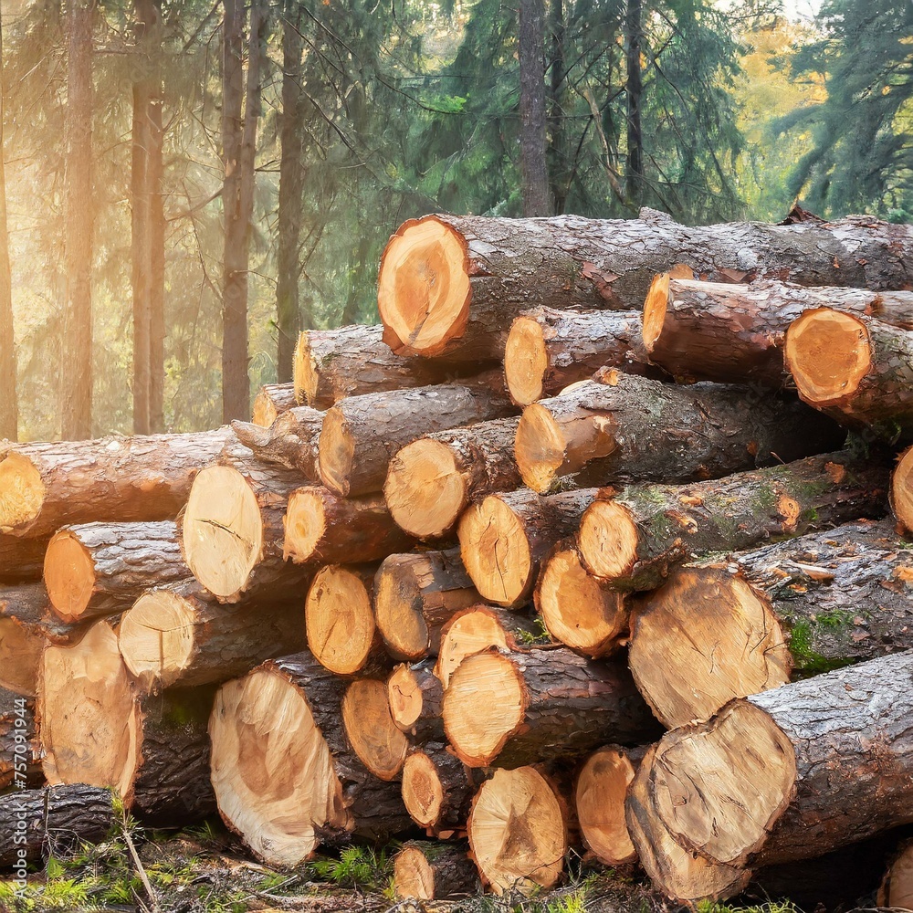 Lumber in the forest, cut wooden logs in the stack. Logging, harvesting wood Lumber in the forest, cut wooden logs in the stack. Logging, harvesting wood