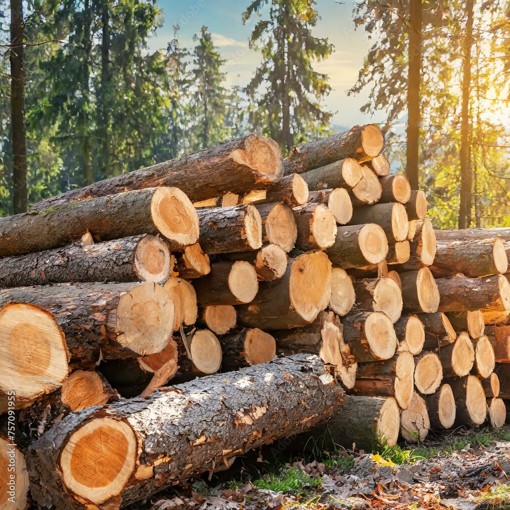 Firefly Lumber in the forest, cut wooden logs in the stack. Logging, harvesting wood. Firefly Lumber in the forest, cut wooden logs in the stack. Logging, harvesting wood.