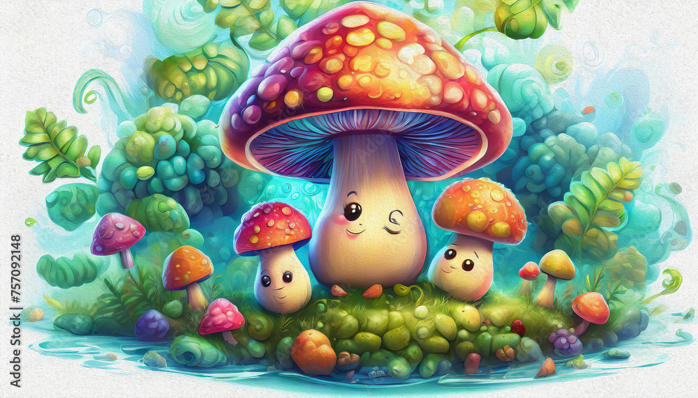 CARTOON CHARACTER CUTE champignon mushroom isolated on white background, top view. side front CARTOON CHARACTER CUTE champignon mushroom isolated on white background, top view. side front