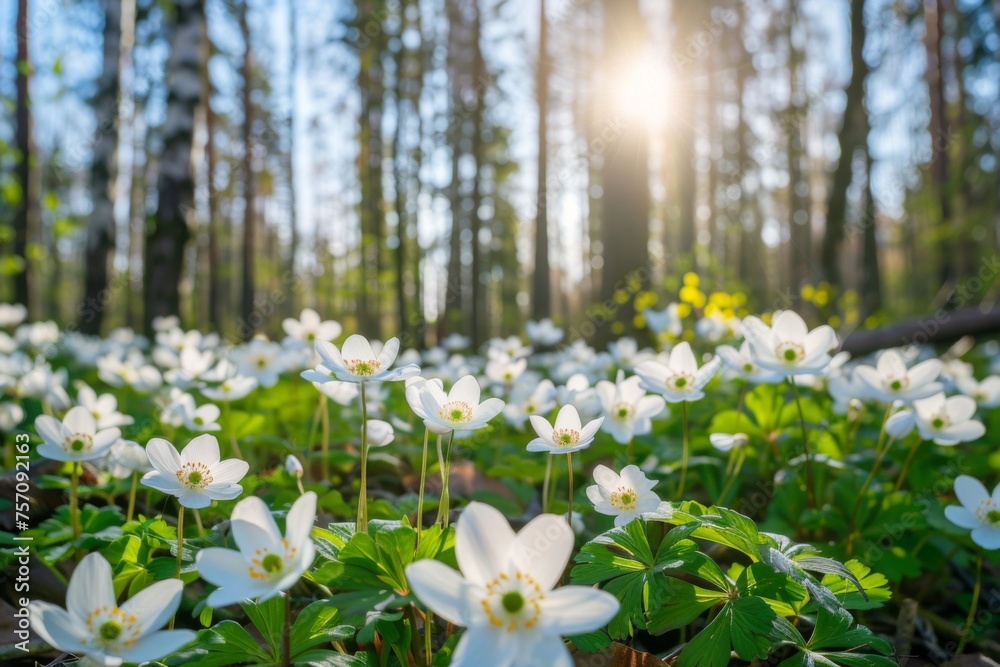 Beautiful white flowers of anemones in spring on background of blue sky and forest in sunlight in nature. Spring morning forest landscape with flowering primroses. Beautiful white flowers of anemones in spring on background of blue sky and forest in sunlight in nature. Spring morning forest landscape with flowering primroses.