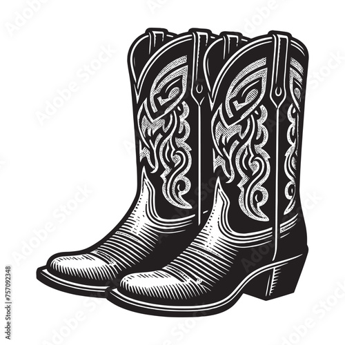 Cowboy boots Cossacks. Vector black engraving icon, illustration. Vintage retro style logo