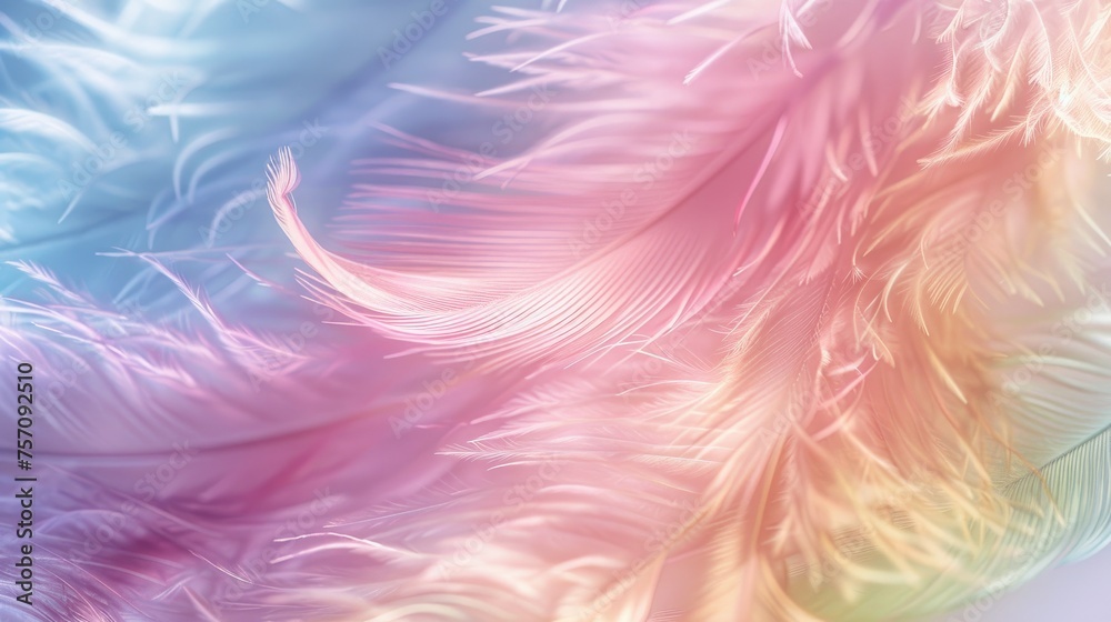 pastel feathers up close, revealing lush detailing and a mesmerizing array of rainbow hues.