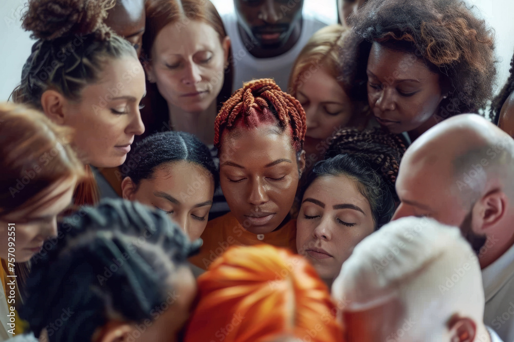 Fototapeta premium Diverse Group of People in a Peaceful Huddle with Closed Eyes