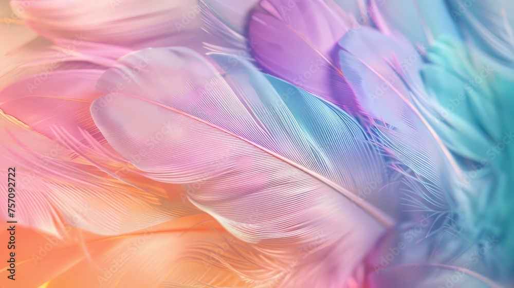 pastel feathers up close, revealing lush detailing and a mesmerizing array of rainbow hues.