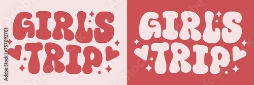 Girls trip lettering squad crew gang. Retro vintage cute groovy wavy pink and red aesthetic. Text vector for women besties holiday vacation travel group matching shirt design printable svg cut file.