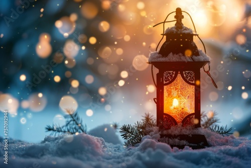 Christmas decoration with a lantern in the snow in a winter park with beautiful bokeh.