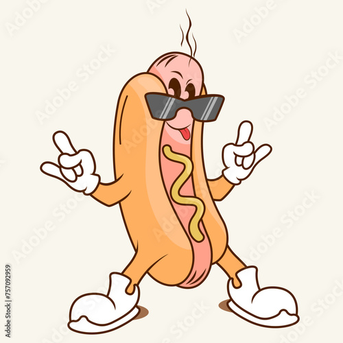 cool hot dog with glasses,cartoon character in groovy style