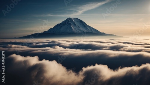 Skyward Elevation Inspiring View of a Mountain Rising into the Cloud-Filled Sky