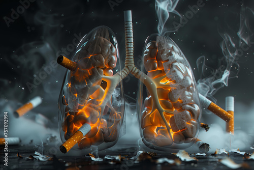 human lungs with cigarettes placed inside, depicting the impact on health from smoking, with smoke rising and cigarette burnt ends scattered around