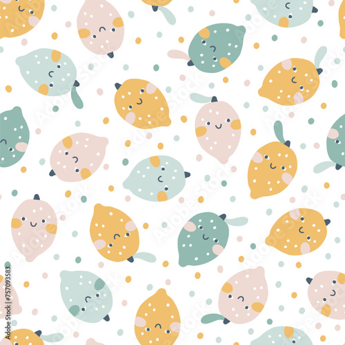 Lemons face seamless scattered pattern in pastel palette. Vector naive hand drawn illustration of cute characters on polka dot background. Ideal for baby textiles, wallpaper, fabric, scrapbooking.