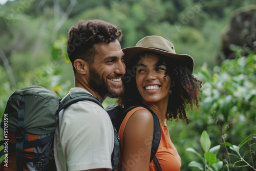 Smiling Couple Hiking in Lush Green Forest - Adventure, Togetherness, Nature