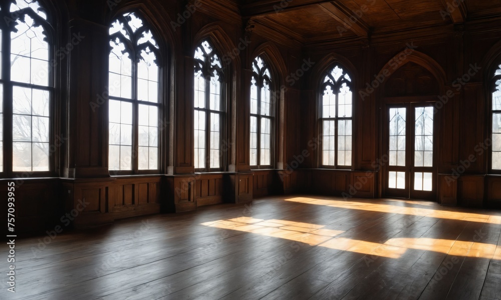 an empty room with large windows and wooden floors