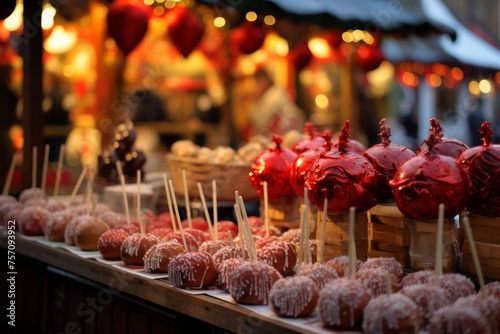 red candy canes and candy apples at christmas market at night or evening with xmas lights © Dina
