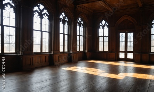 an empty room with large windows and wooden floors © Arhitercture