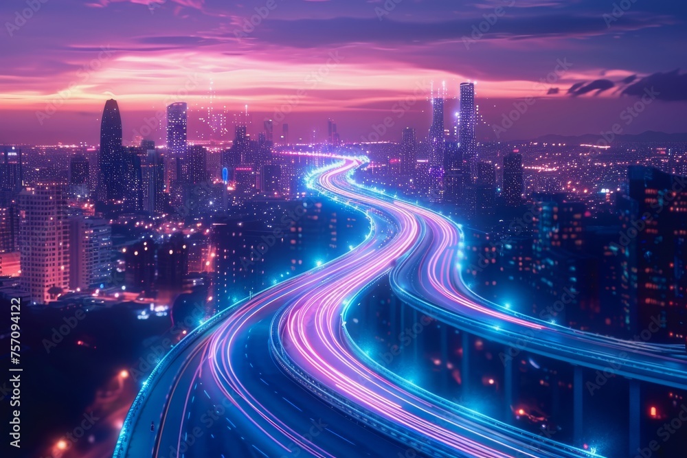 The flow of digital information is in the form of a highway. To future abstract technology concept
