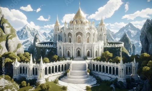 a large white castle with a massive staircase leading to it's entrance and a mountain in the background fantasy photo