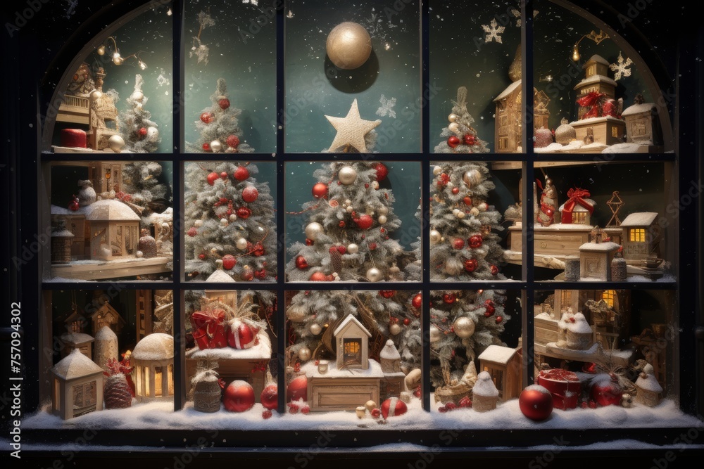 christmas decorated window festive showcase of vintage store or shop