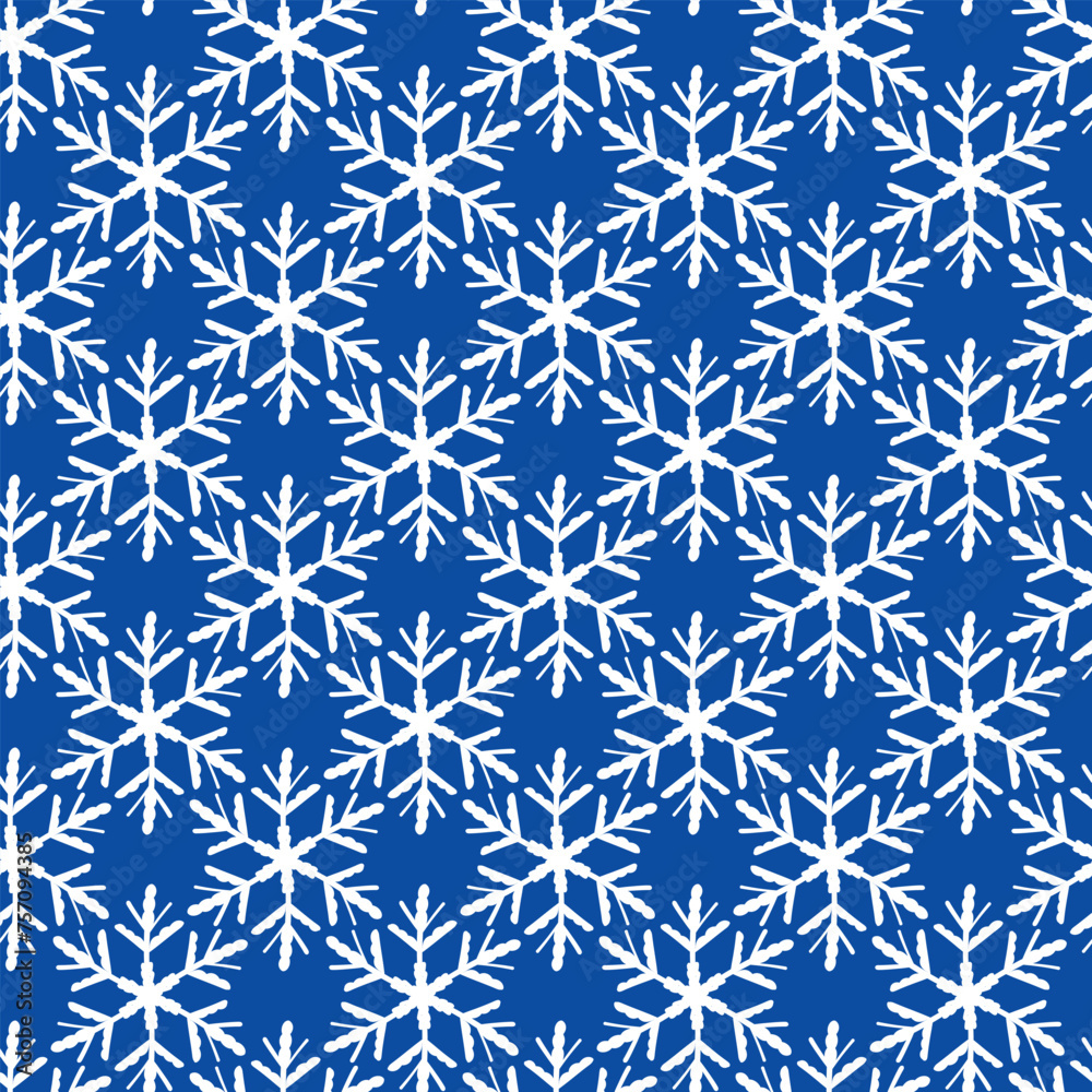 Winter seamless pattern with white snowflakes on blue background. Vector illustration for fabric, textile wallpaper, posters, gift wrapping paper. Christmas vector illustration Winter seamless pattern with white snowflakes on blue background. Vector illustration for fabric, textile wallpaper, posters, gift wrapping paper. Christmas vector illustration