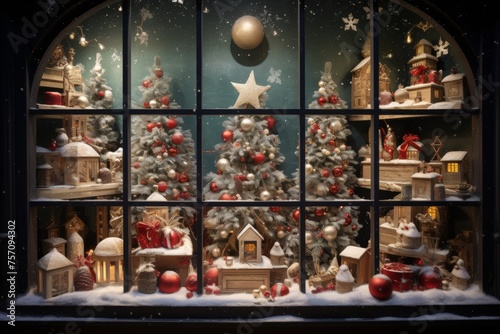 christmas decorated window festive showcase of vintage store or shop