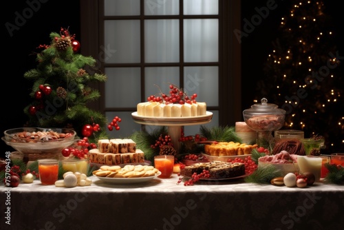 festive christmas dinner food served table setting on xmas season with festive lights and candles