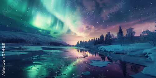 Aurora boreale. Panorama nordico. Sfondo. photo