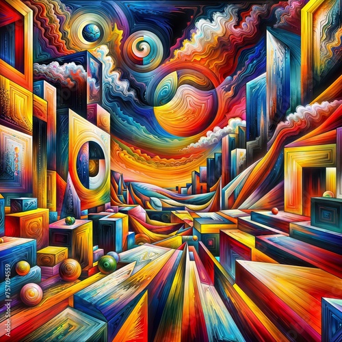Surreal cityscape abstract painting: Capture the energy of a city in an abstract way with this vibrant painting featuring geometric shapes, clouds, and spheres.