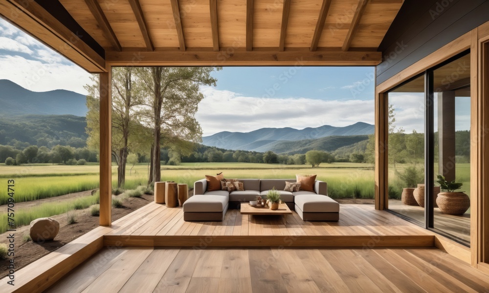 a couch sitting on top of a wooden floor next to a wooden table and a window covered in glass,