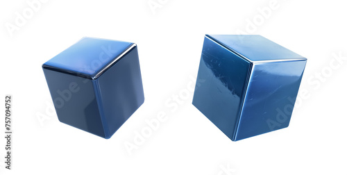 Blue cube set isolated transparent PNG. 3D box square cubic shaped elements. Metallic material surface. Shiny and reflective. various angles and surface textures. Gift box.