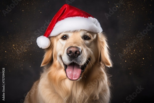 adorable cute golden retriever in red santa hat on black background © Dina
