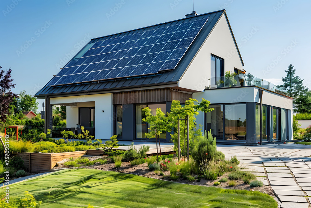 An eco-friendly modern house with solar panels on the roof surrounded by greenery, trees, and plants. The driveway leads to an open garage, highlighting sustainable living and green energy technology. An eco-friendly modern house with solar panels on the roof surrounded by greenery, trees, and plants. The driveway leads to an open garage, highlighting sustainable living and green energy technology.