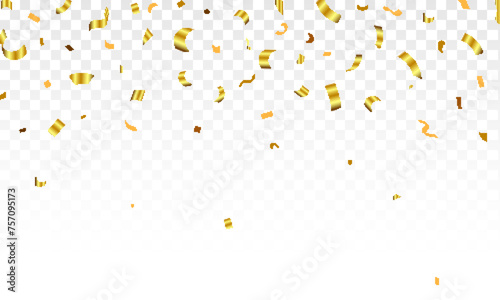 Confetti fall from the sky on a transparent background. Celebration background template with golden confetti ribbons. Holiday. birthday.